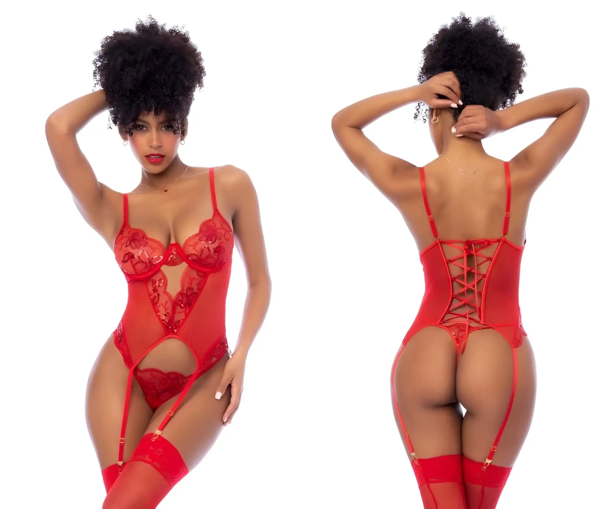 Back view of mapale 8896 red lace bodysuit with corset-style lacing and matching thigh-high stockings