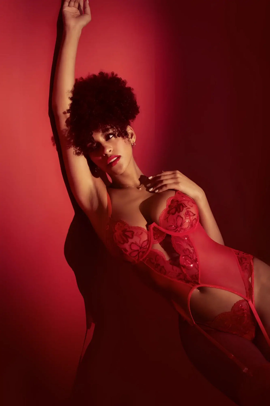 Mapale 8896 two piece set red lace bodysuit with floral embroidery and sheer mesh panels