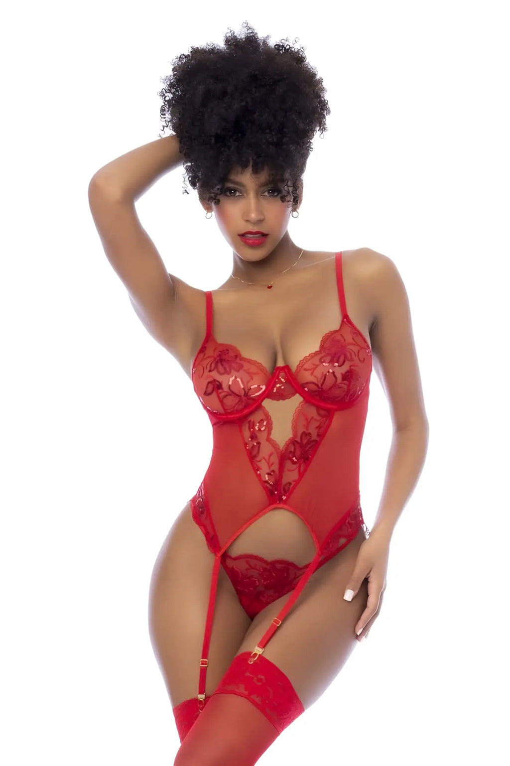 Red lace bodysuit with sheer mesh panels and matching garter straps in mapale 8896 two piece set color red