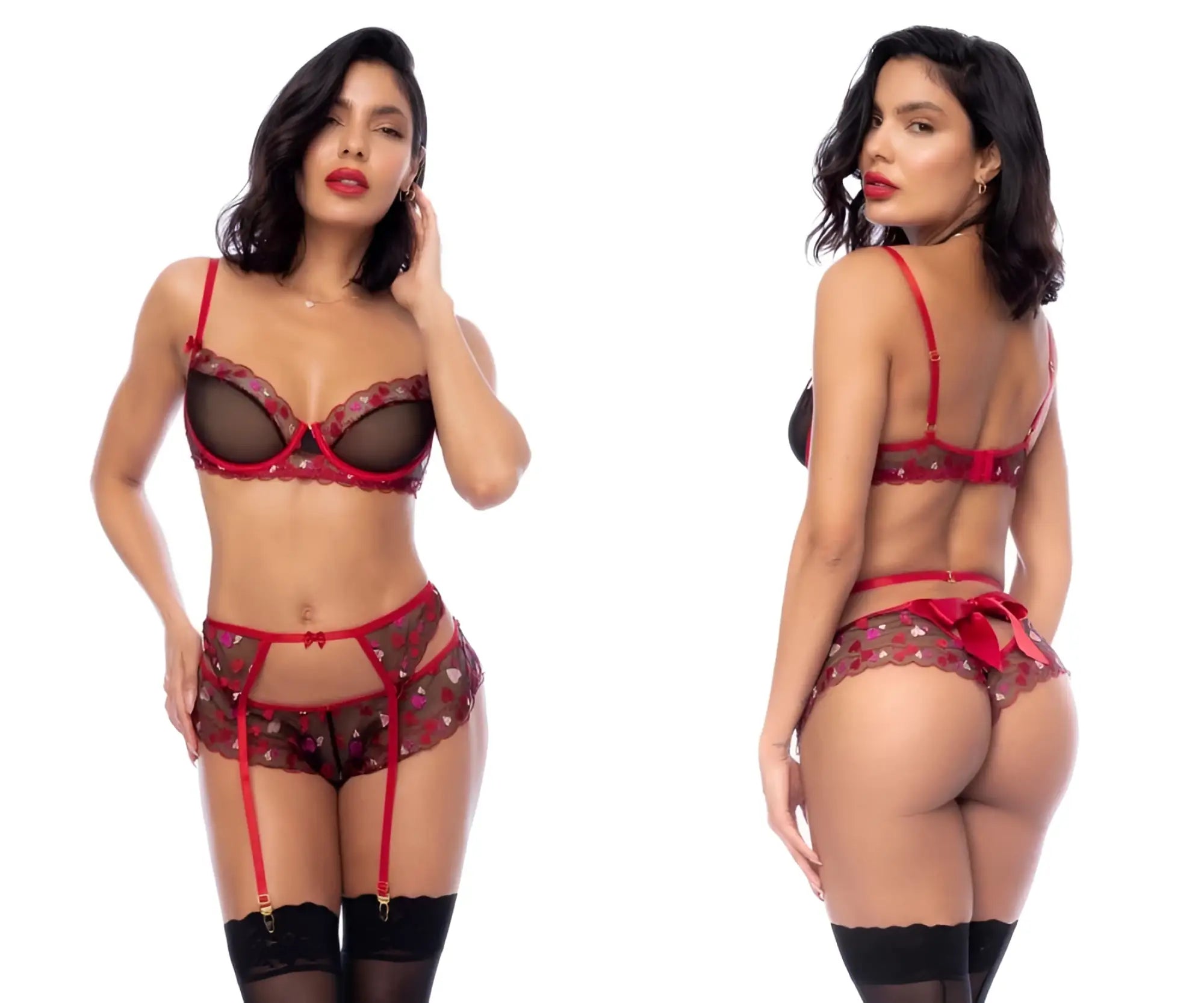 Mapale 8898 black-red three piece lace lingerie set with red heart motifs for intimate wear