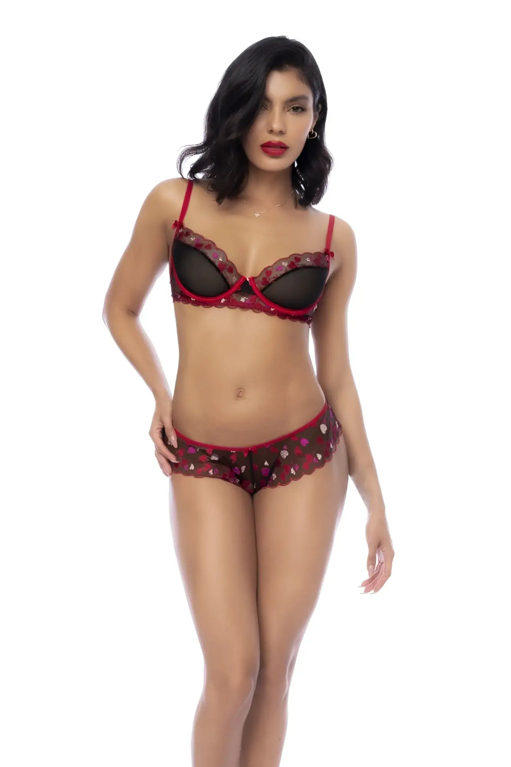 Mapale 8898 three piece set black-red red and black lace lingerie with scalloped edges ideal for intimate wear