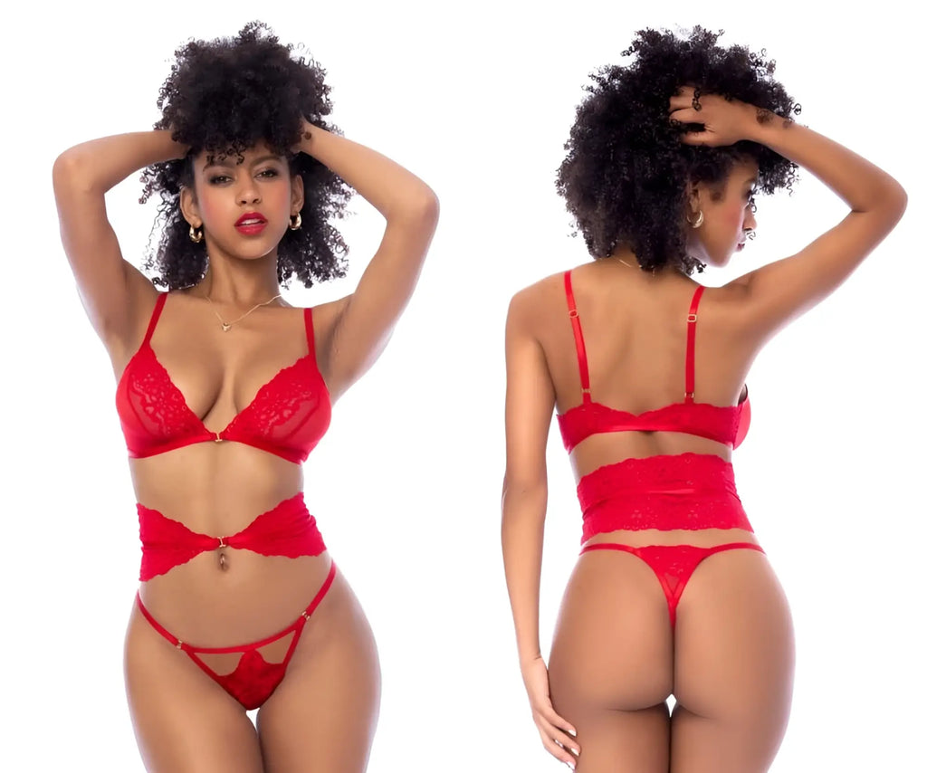 Red lace lingerie three piece set by Mapale 8904 featuring thin straps and a central clasp at the waist