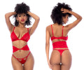 Red lace lingerie three piece set by Mapale 8904 featuring thin straps and a central clasp at the waist