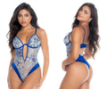 Mapale 8909 bodysuit in fantasy blue with blue floral lace sheer mesh and satin trim detailing