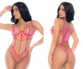 Pink lace bodysuit with gold trim and adjustable straps in rose whisper by mapale 8913 teddy front view