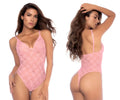 Light pink lace bodysuit with thin spaghetti straps and backless design by Mapale 8916 shown from the back