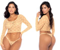 Beige lace long-sleeve crop top and matching thong set in light yellow from mapale 8918 two piece set