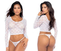 White lace long-sleeved crop top with matching thong set by Mapale 8918 in white for elegant lingerie use