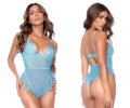 Light blue sheer Mapale 8919 bodysuit with lace trim and adjustable straps in delicate mesh fabric
