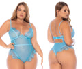 Light blue sheer lace bodysuit with delicate floral embroidery and adjustable straps by mapale model 8919x