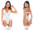 White lace bodysuit with sheer panels and garter straps from mapale 8934 teddy in white color