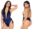 Mapale 8940 teddy one-piece swimsuit in black and deep blue lace with plunging neckline and back tie accents