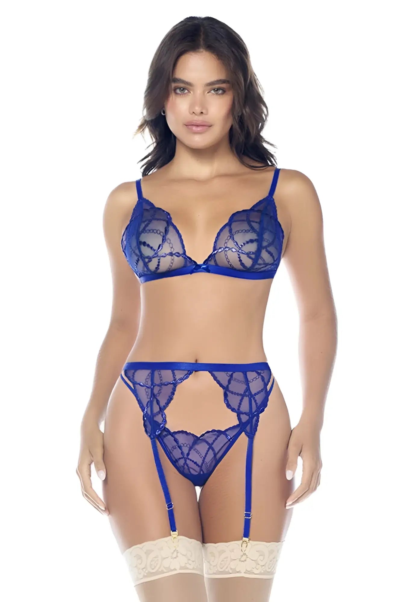Blue lace lingerie three piece set by Mapale in sapphire blue with intricate geometric patterns and matching garter straps