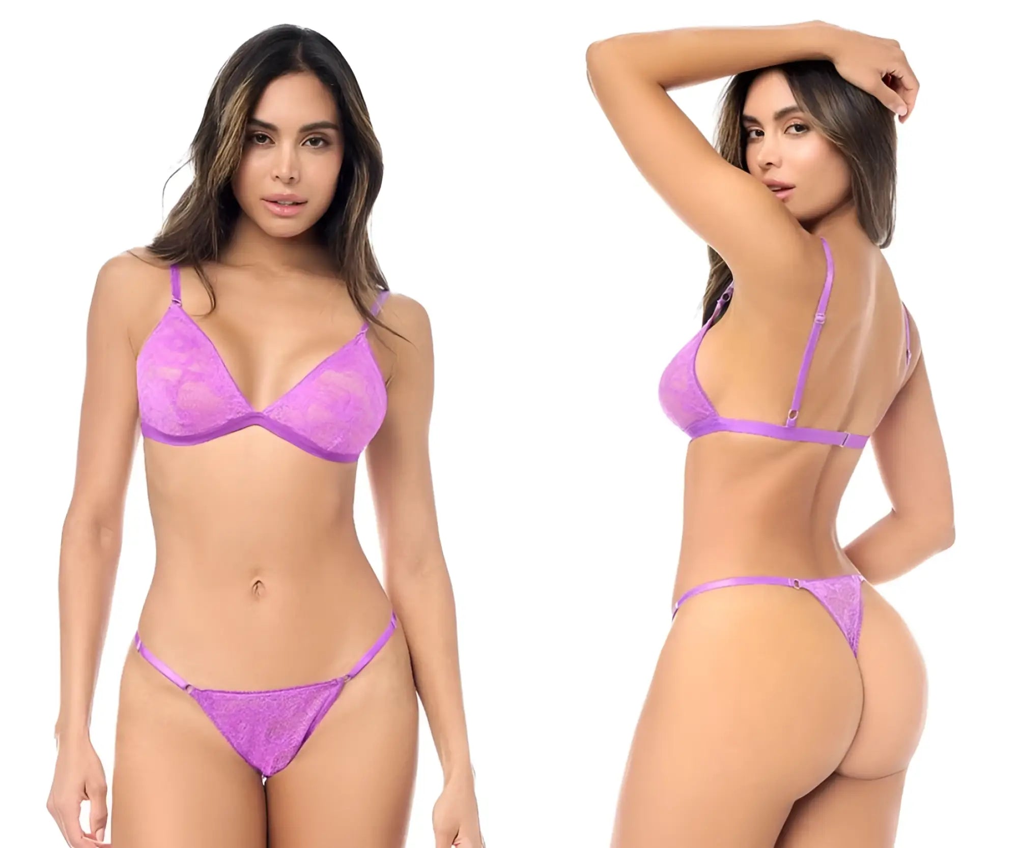 Purple lace lingerie set by Mapale featuring a triangle bra and thong with delicate floral patterns in wild orchid color