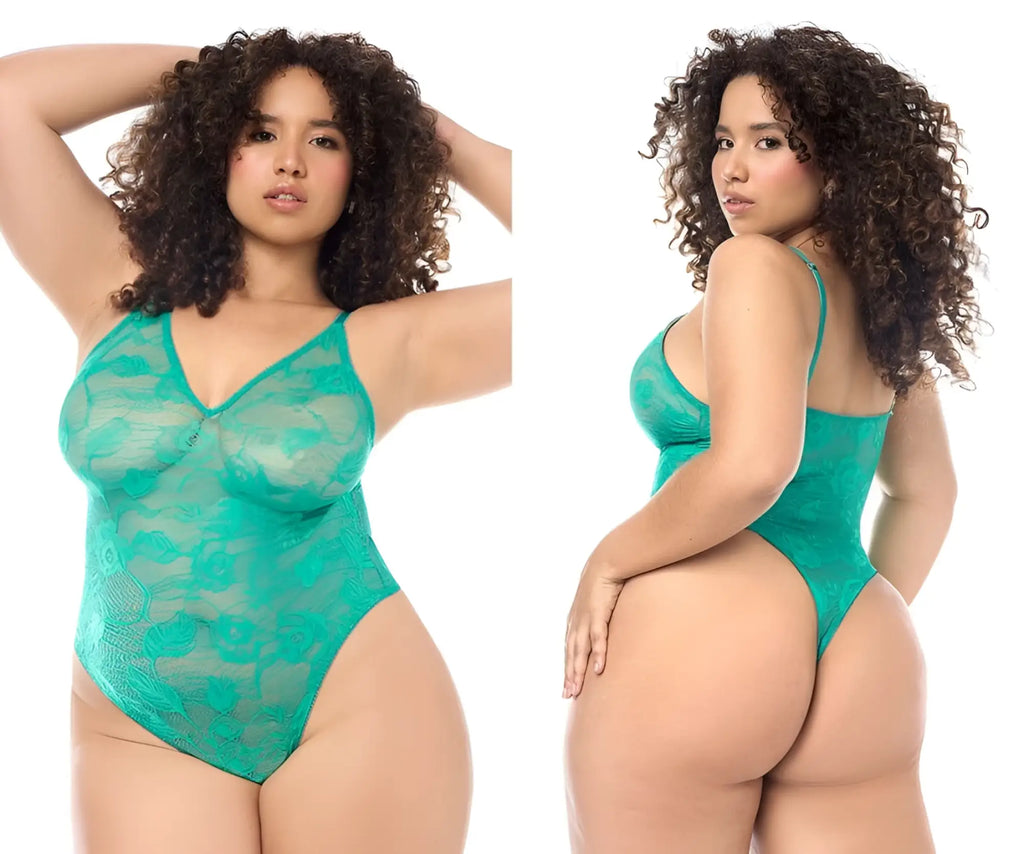Mapale 8950x emerald green lace bodysuit with delicate floral patterns and thin spaghetti straps in wild teal color