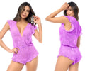 Mapale 8951 romper wild orchid lavender lace with ruffled sleeves hem deep v neckline and backless design shown from back