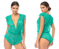 Emerald green lace bodysuit with ruffled sleeves and hem from Mapale 8951 romper-babydoll in wild teal color
