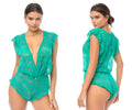 Emerald green lace bodysuit with ruffled sleeves and hem from Mapale 8951 romper-babydoll in wild teal color