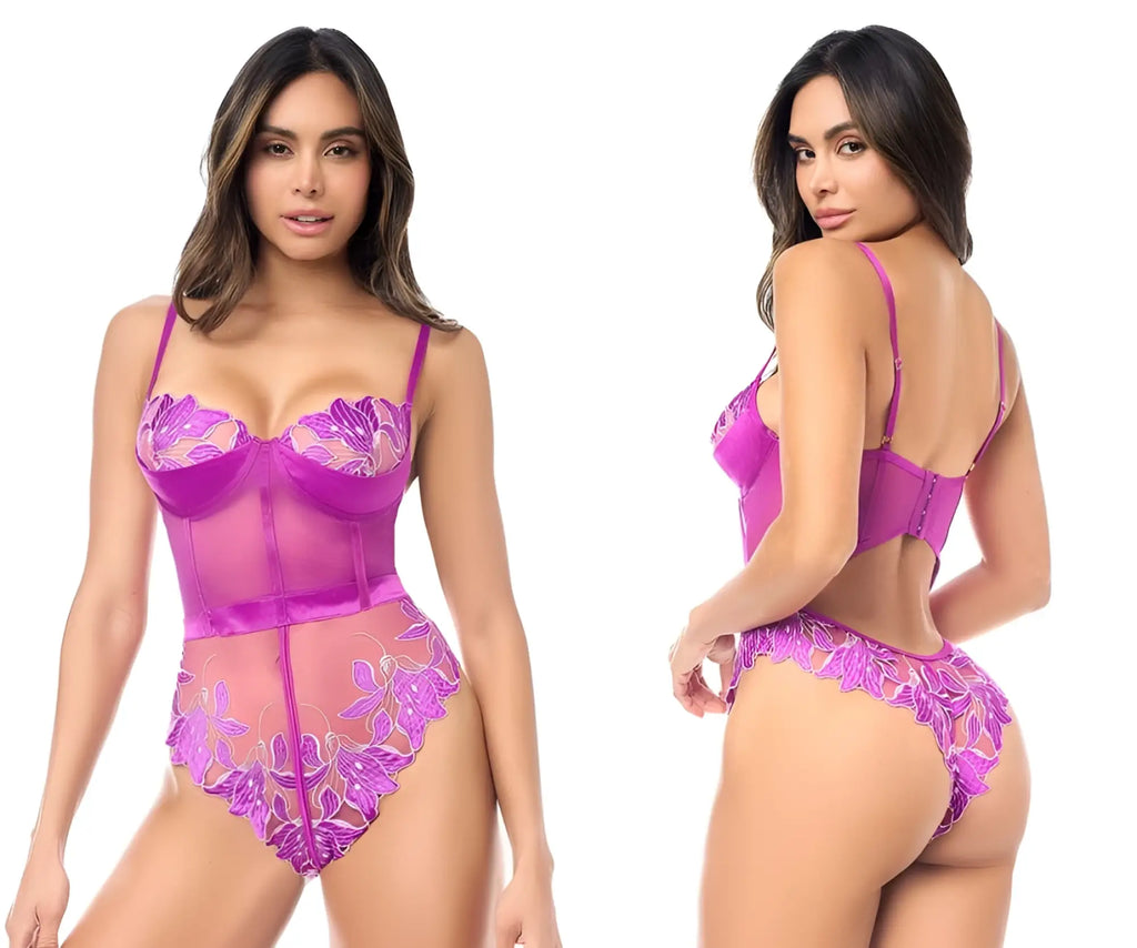 Vibrant purple mapale 8953 teddy in lace with sheer mesh panels and floral embroidery in color azalea