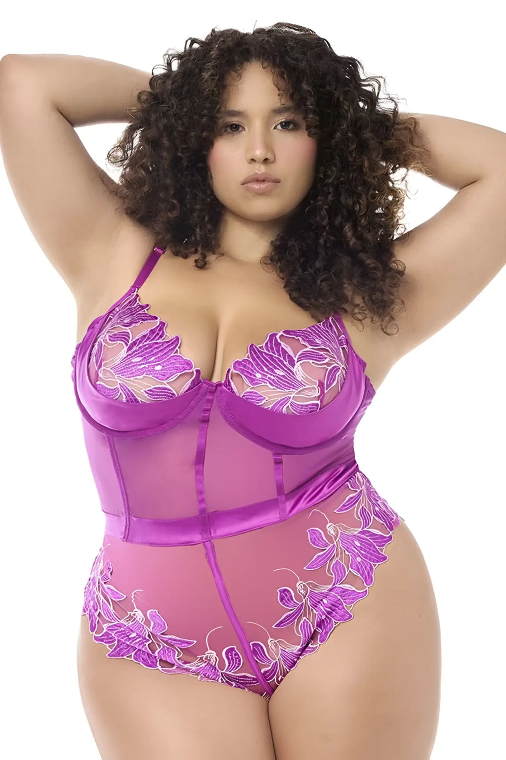 Purple lace mapale 8953x teddy with sheer mesh panels and satin trim in azalea color