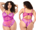 Purple and pink sheer lace bodysuit with floral embroidery by Mapale 8953X teddy in azalea color