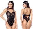 Black lace bodysuit with faux leather corset detailing and adjustable straps from mapale 8958 in black