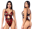 Red rose lace teddy with black mesh and straps by mapale in black and red shown from the back side