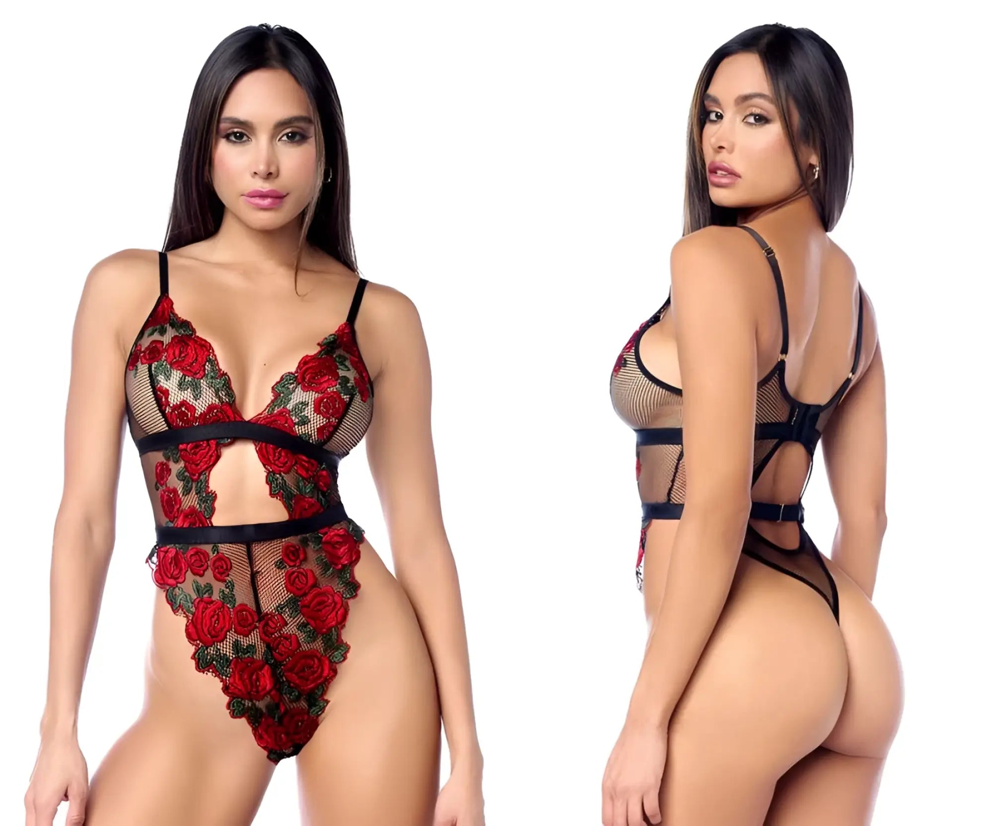 Red rose lace teddy with black mesh and straps by mapale in black and red shown from the back side