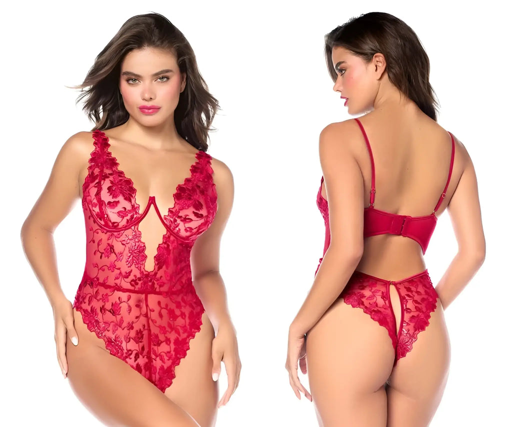 Mapale 8963 teddy red lace bodysuit with floral embroidery and thin straps for elegant lingerie look