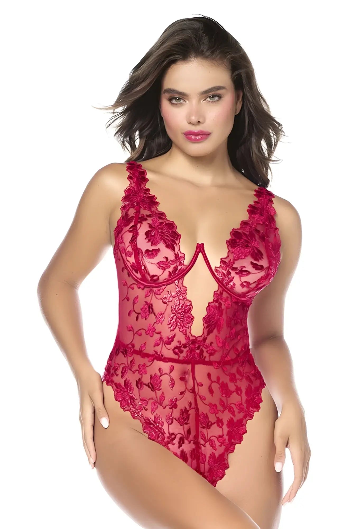 Mapale 8963 teddy red vibrant lace bodysuit with intricate floral embroidery and deep v-neckline