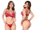 Red lace lingerie two piece set by Mapale 8965 with intricate floral patterns and delicate mesh detailing in red