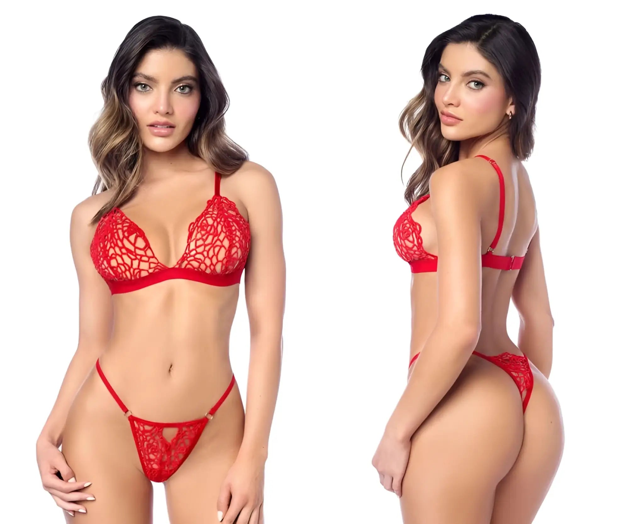 Mapale 8966 two piece set in red featuring red lace lingerie with intricate floral patterns and thin straps