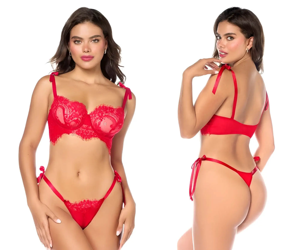 Red lace bra and matching thong set with satin ties in color red from Mapale 8968 two piece set collection