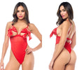 Red satin one-piece bodysuit with bow details at the bust and high-cut leg design from Mapale 8973 in red