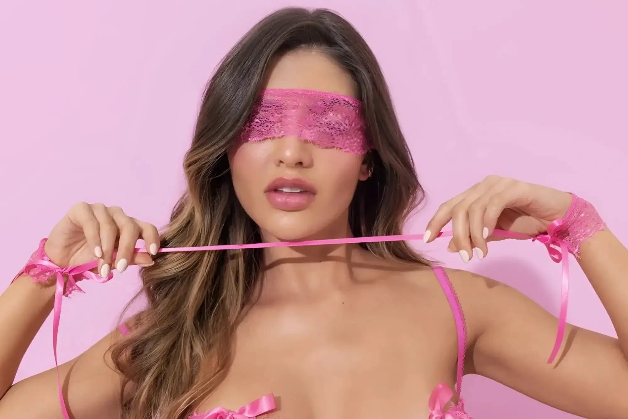 Pink lace eye mask with matching ribbon ties from mapale 8974 four piece set in soft pink lace material
