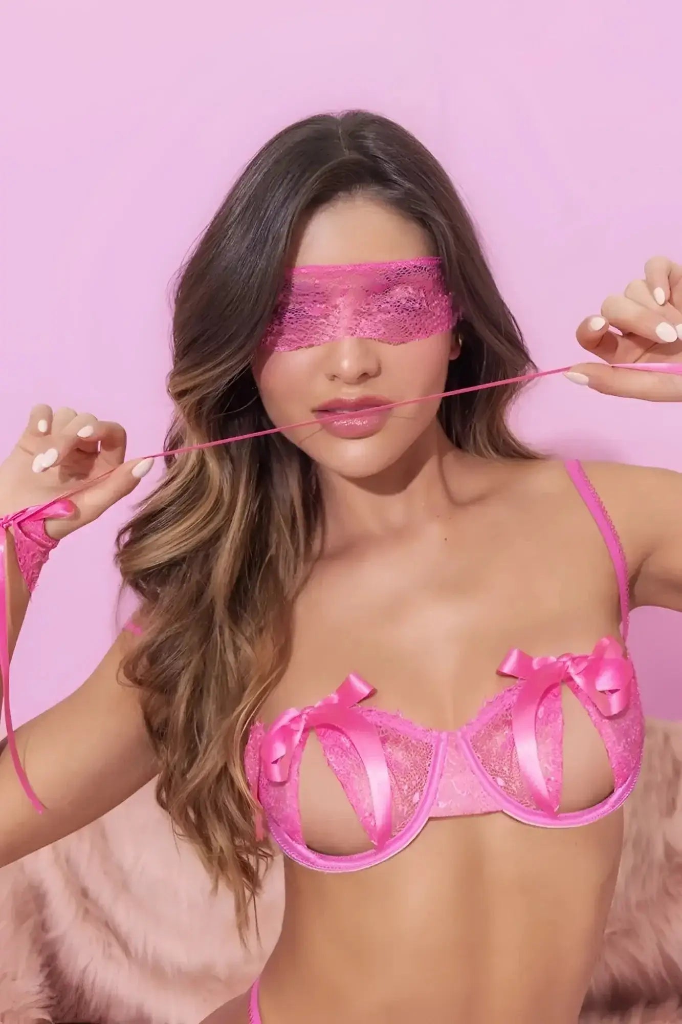 A vibrant pink lace eye mask with satin ribbon ties from mapale 8974 four piece set