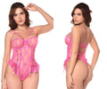 Pink lace bodysuit with intricate floral patterns and delicate side ties from mapale 8976 teddy in pink