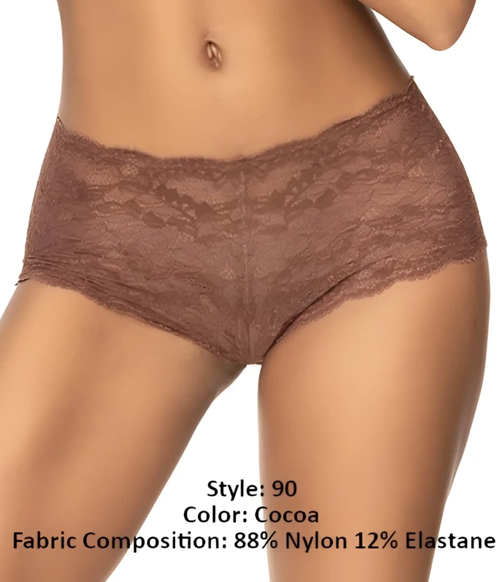 Mapale 90 lace boyshort cocoa color made of 88 percent nylon and 12 percent elastane with delicate lace detailing