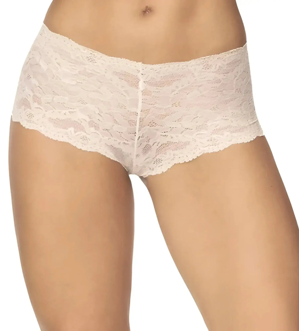 Ivory mapale 90 lace boyshort underwear with scalloped edges and delicate floral lace pattern in beige