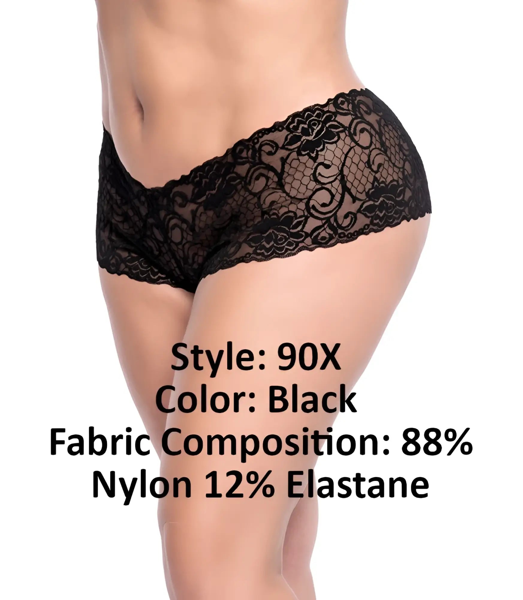 Black lace boyshort underwear with intricate floral patterns and sheer stretchy fabric by Mapale 90X in black