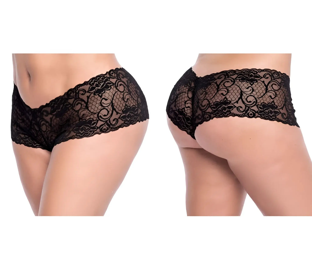 Black lace boyshort underwear by Mapale 90X with intricate floral and scrollwork patterns in black lace material