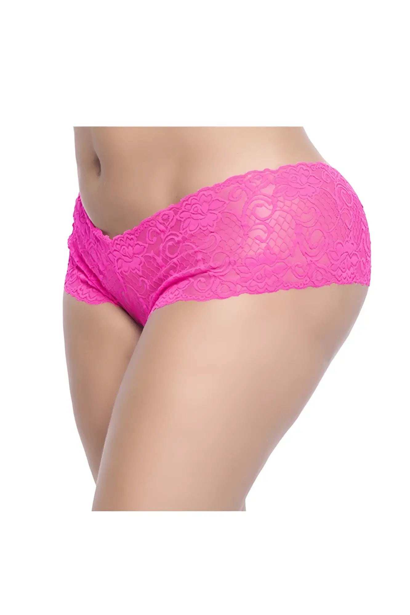 Bright pink lace-trimmed mapale 90x lace boyshort women’s underwear in hot pink showing front side details