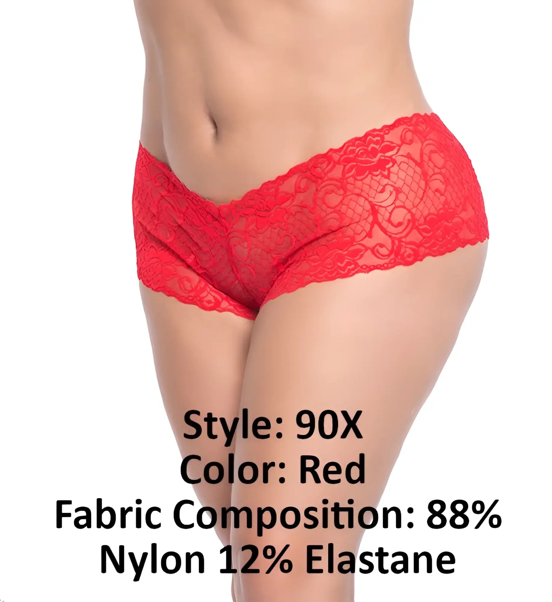 Red lace boyshort underwear with floral pattern in red made from 88 nylon and 12 elastane by Mapale 90X
