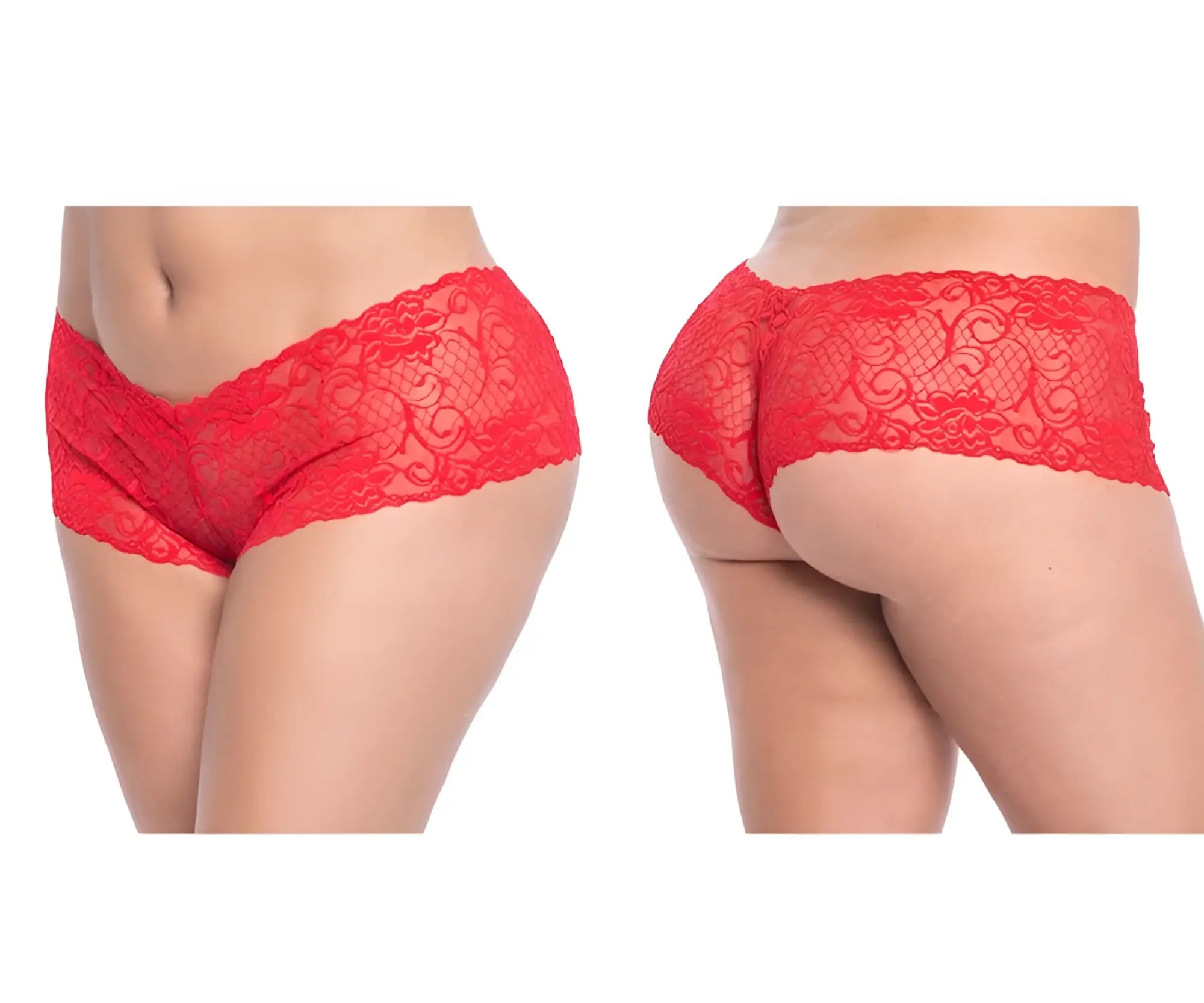 Red lace boyshort underwear by mapale with intricate floral patterns and seamless design in vibrant red color