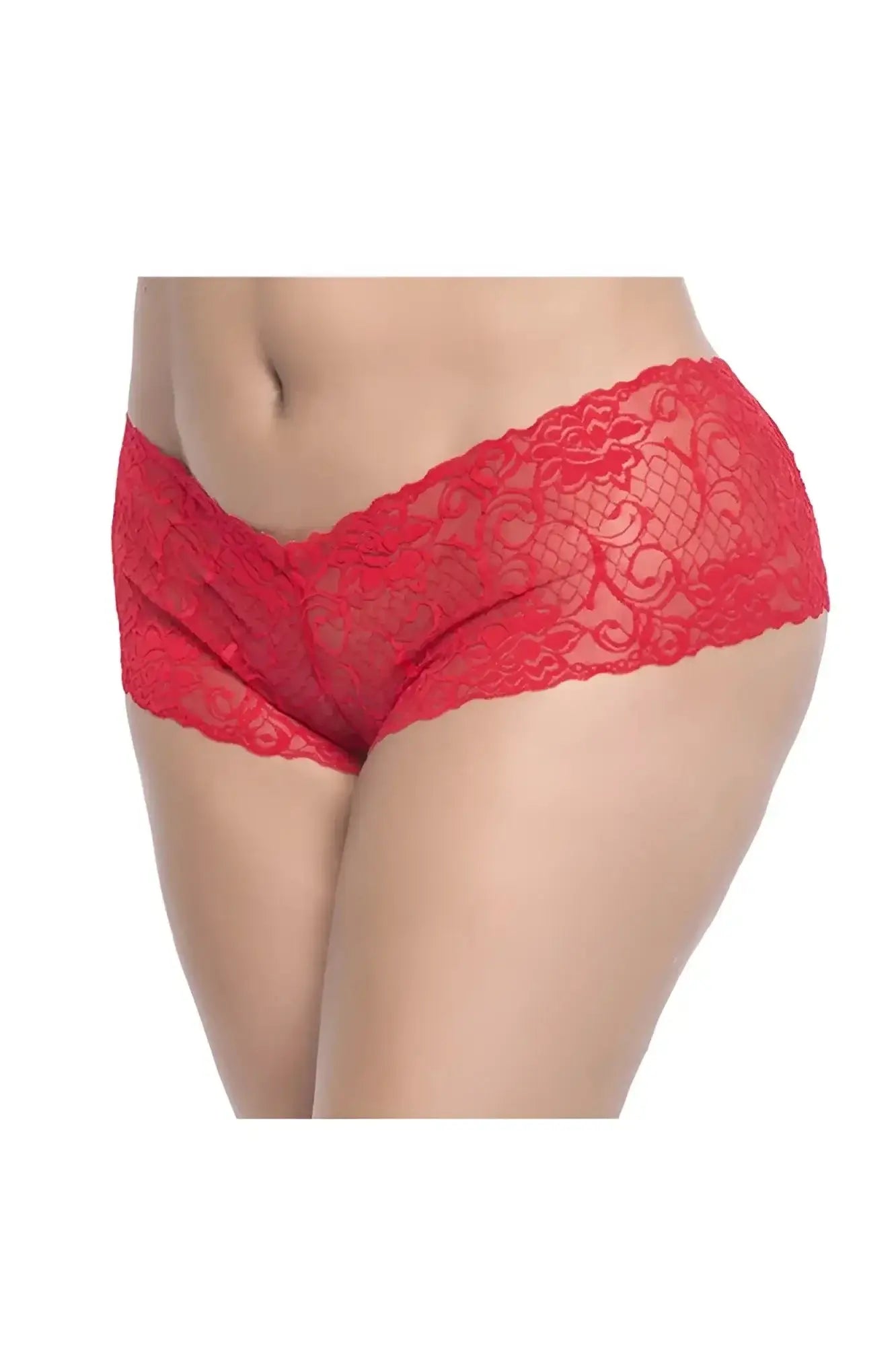 Red lace boyshort underwear with intricate floral patterns by Mapale in vibrant red color