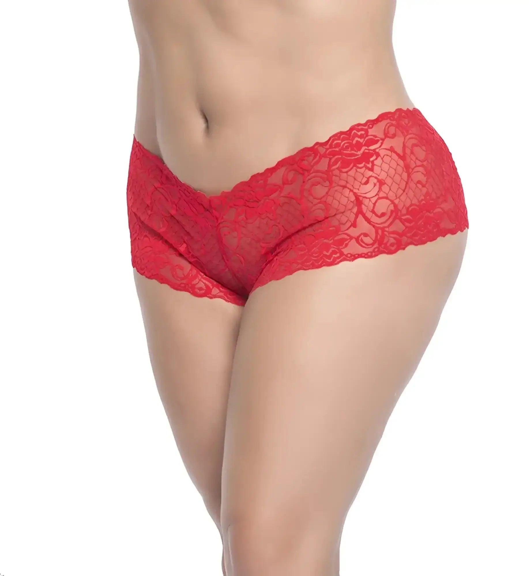 Red lace boyshort underwear by mapale 90x featuring intricate floral and scrollwork patterns in red lace