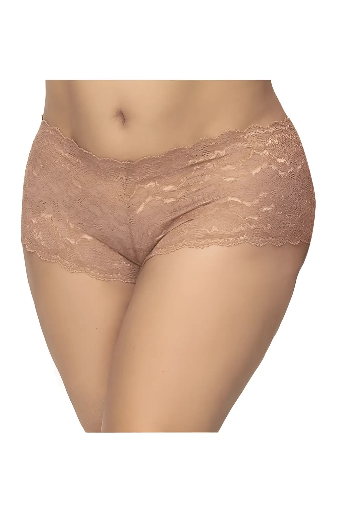 Beige taupe lace boyshort briefs by mapale with delicate floral pattern and scalloped edges
