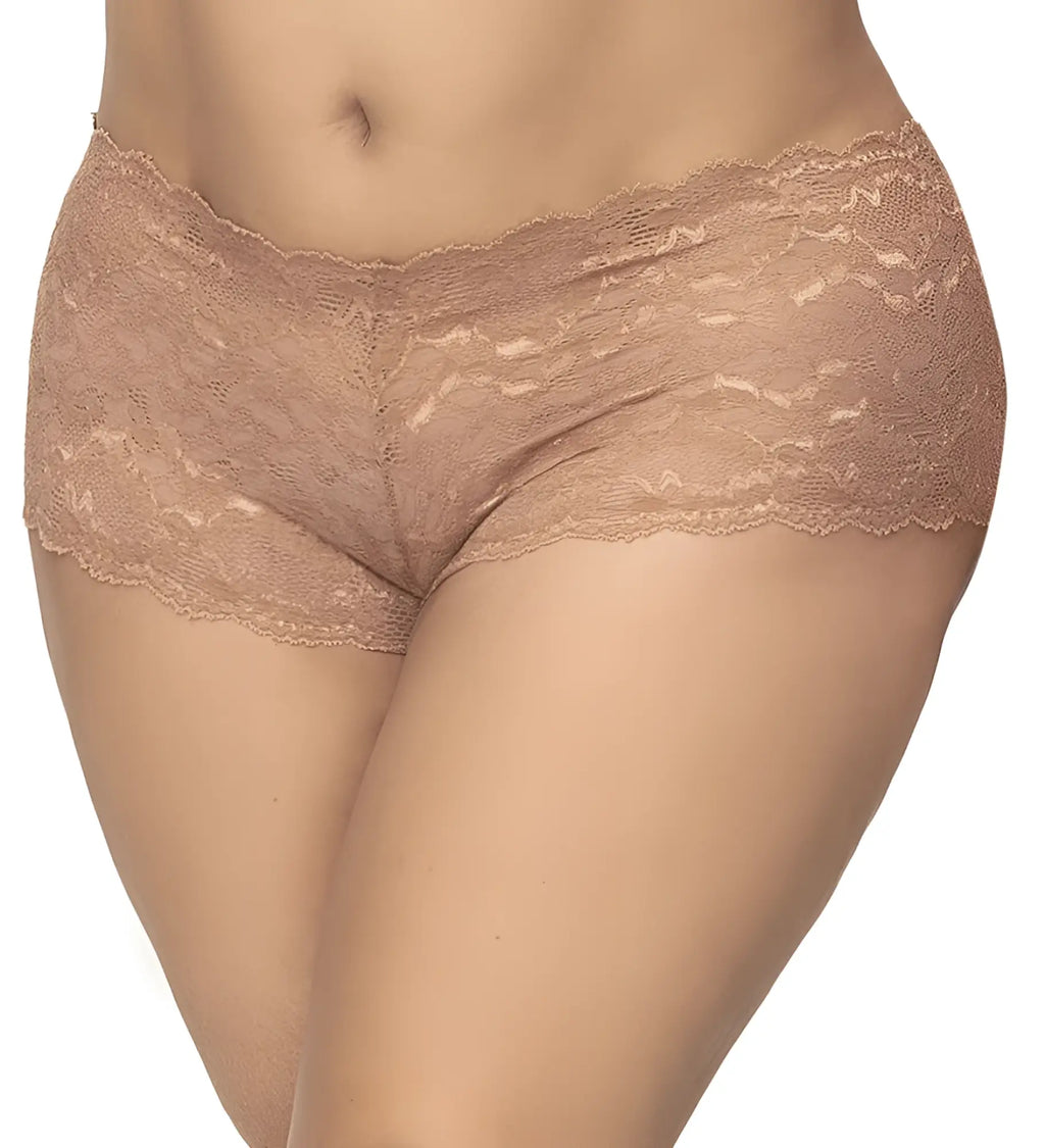 Beige lace boyshort underwear with delicate floral pattern and scalloped edge in taupe by mapale 90x