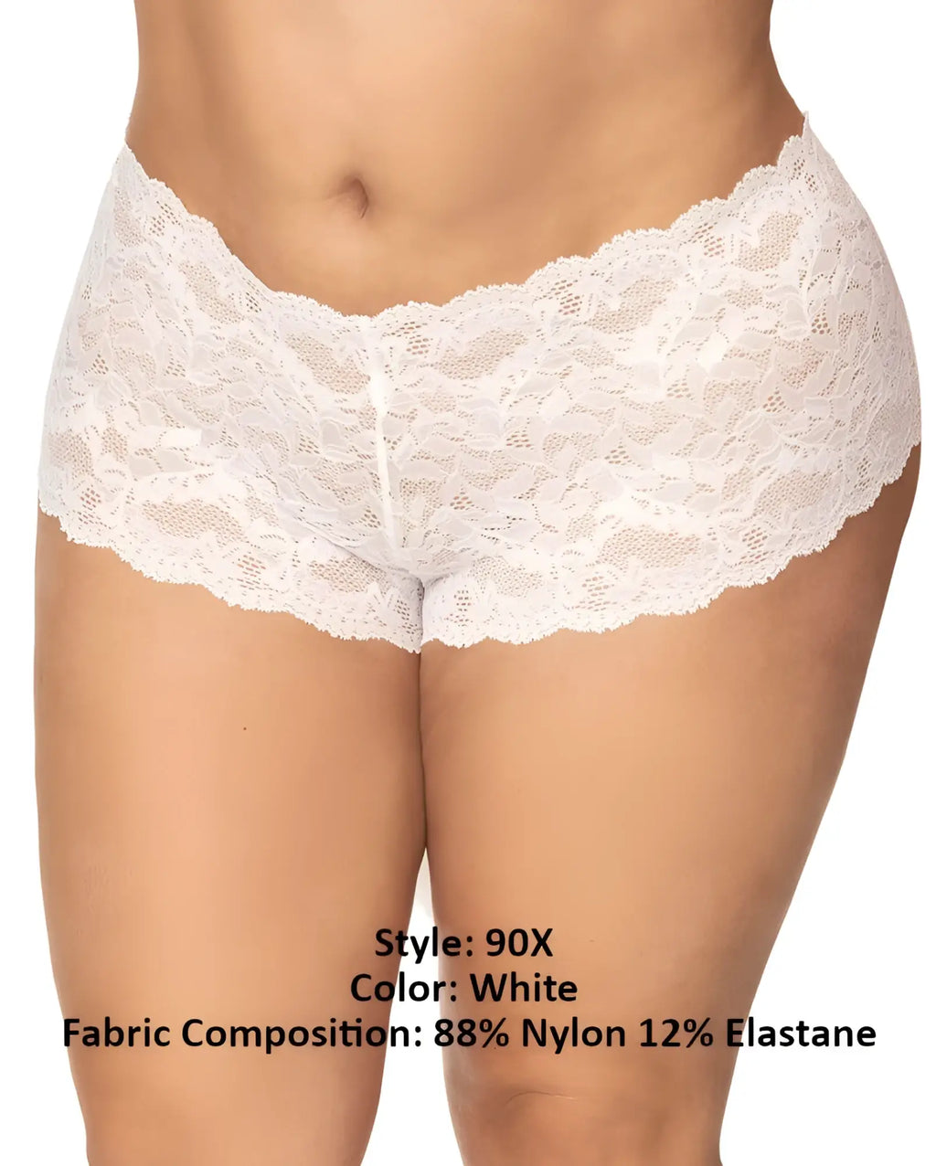 White lace boyshort underwear by Mapale with delicate floral pattern and scalloped edge in white color
