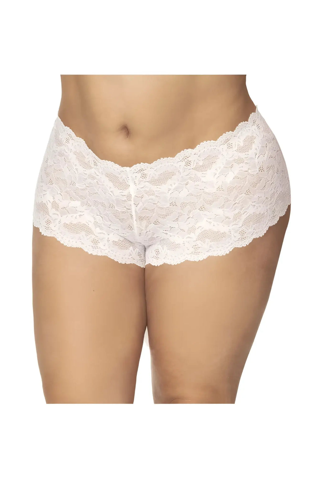 White lace Mapale 90X boyshort underwear with scalloped edge and delicate floral pattern front view